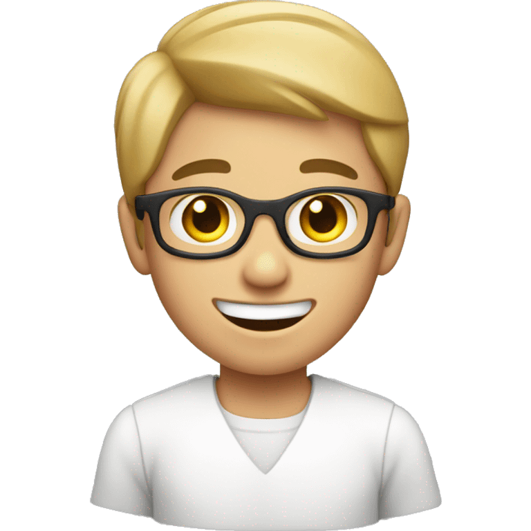 smiling boy in white shirt and unibrow  emoji