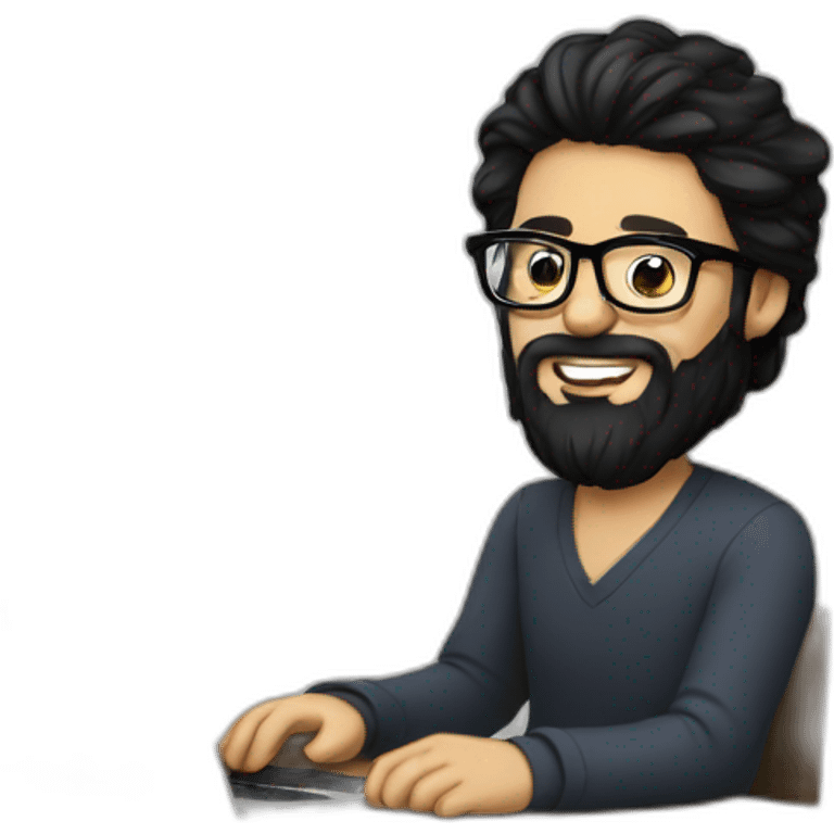 Designer with black hair, beard and glasses working with MacBook and drinking cappuccino  emoji