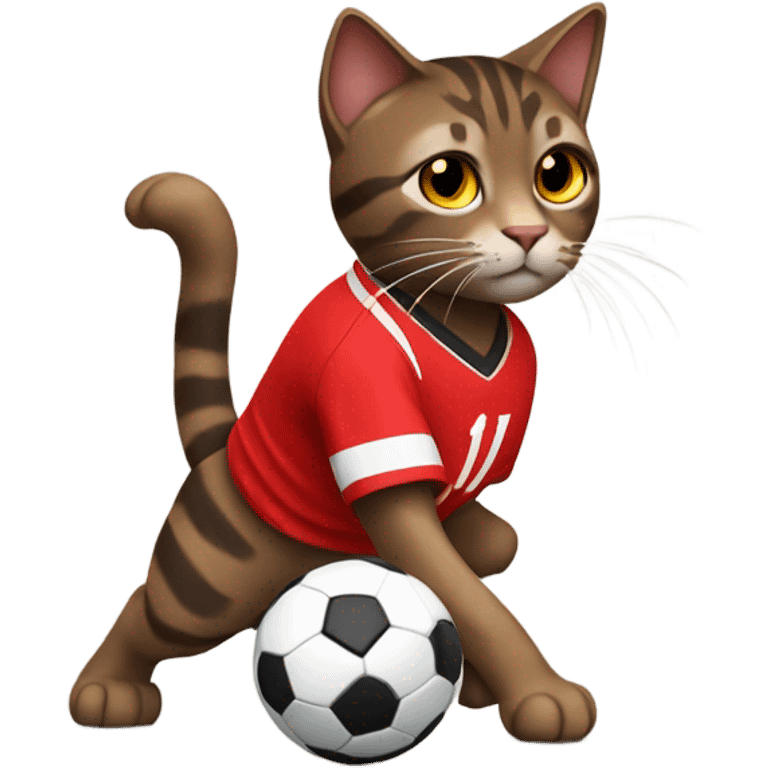 dark brown tabby cat playing soccer in a red soccer jersey emoji