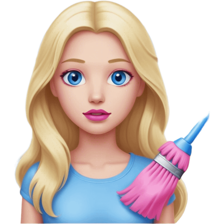 A cinematic realistic blonde with long hair, blue eyes and pink lips cleans a room emoji