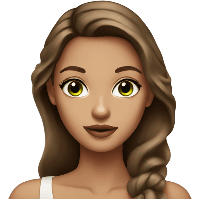 Beautiful green eyed model with brown hair, beige skin, with a wine, with a makeup  emoji