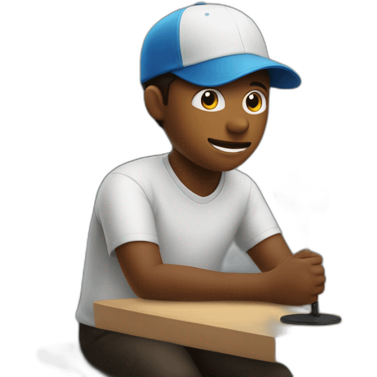 Boy wearing mask and cap sitting on chair with table with mic on table emoji