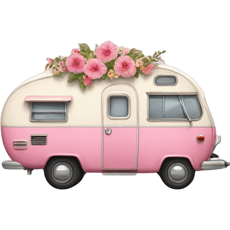 Pink vintage camper with florals emoji