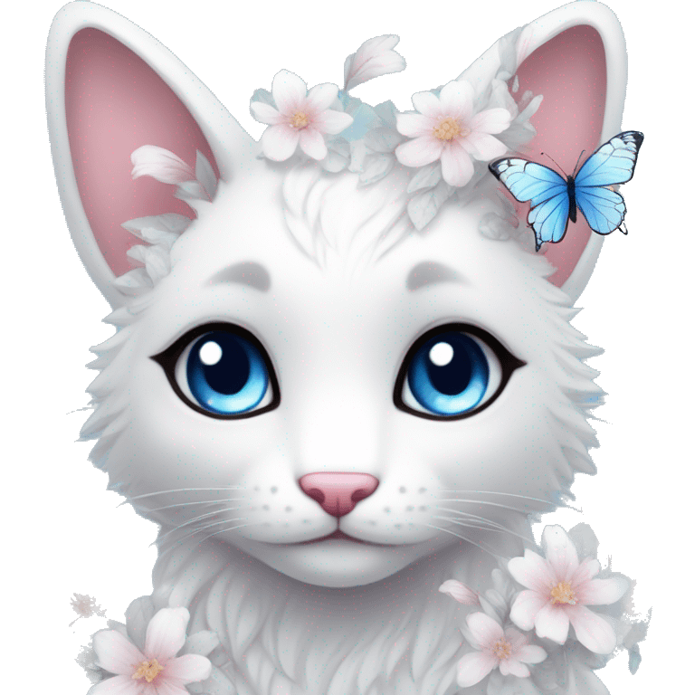 Edgy Cute Cool Kawaii gorgeous sparkly ethereal white fantasy animal with blue eyes sona with flowers and butterflies beautiful aesthetic emoji