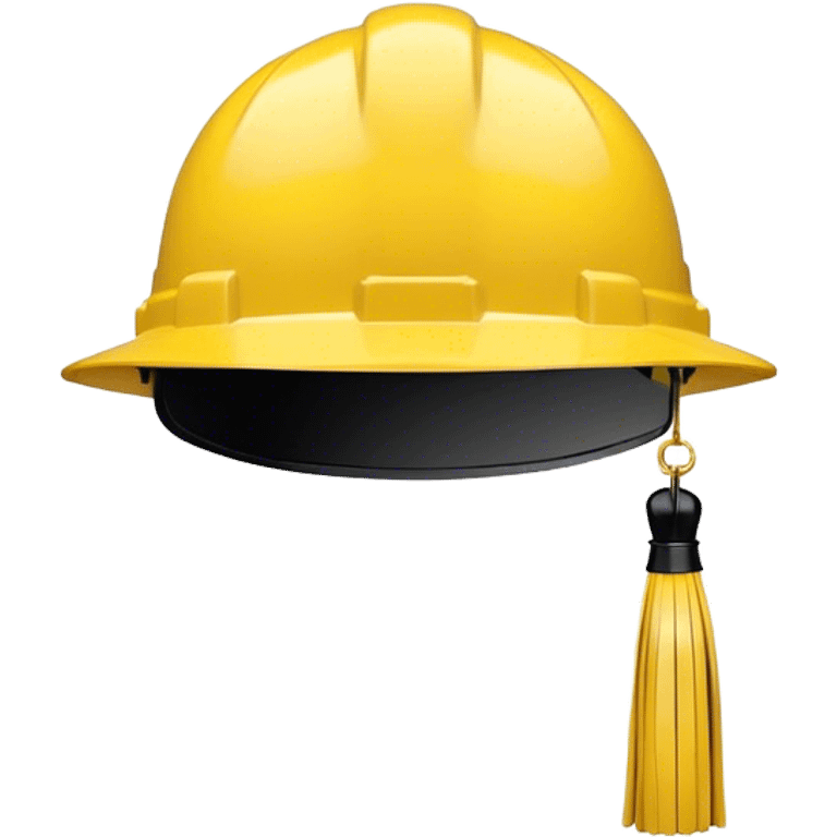 A bright yellow hard hat, viewed from the front, with a small black tassel hanging from the center, combining the look of a construction helmet with a graduation cap. The helmet has visible ridges for reinforcement, a slightly glossy finish, and a sturdy design. The tassel drapes down slightly to the right, adding a formal academic touch. The background is plain white. emoji