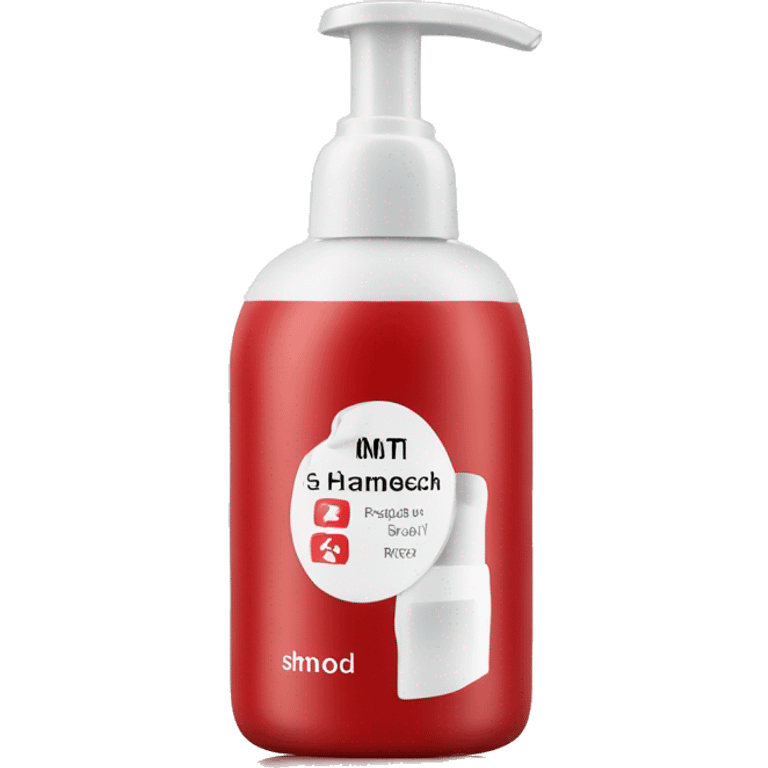 Red bottle of shampoo with white label and pump emoji