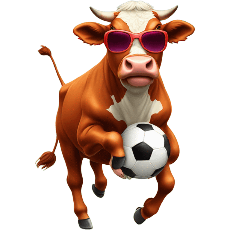 A red cow wearing goggles and kicking a football emoji