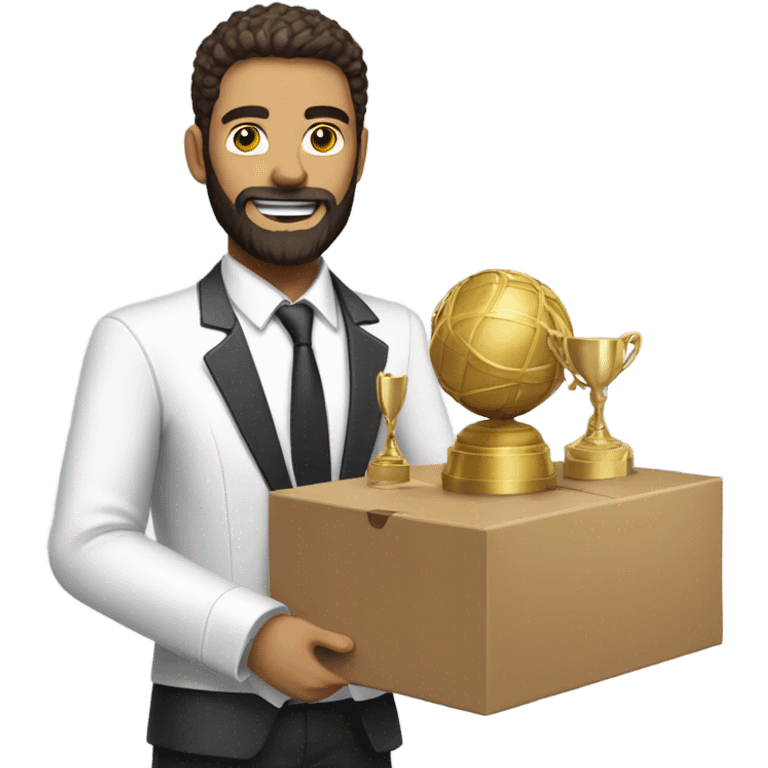 White guy with a beard in a suit taking a large box of taekwondo trophies to the garbage emoji