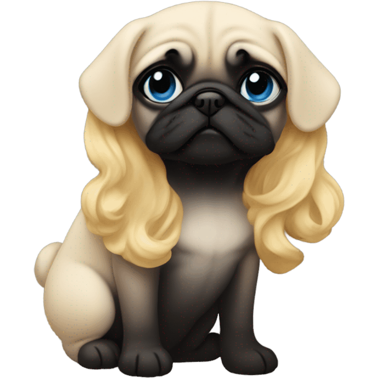 Girl with wavy blonde hair and blue eyes, kissing a black pug emoji