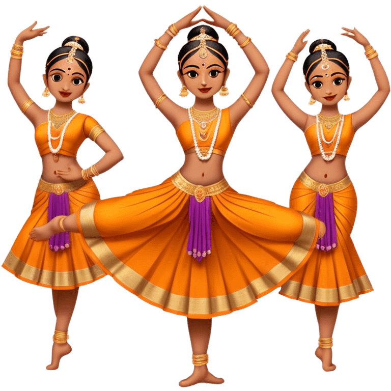 Cinematic Realistic Bharatanatyam Dance Emoji, depicted as an elegant classical Indian dance performance with graceful poses, intricate costumes, and expressive hand gestures, rendered with rich textures and warm dramatic lighting that captures its timeless beauty. emoji