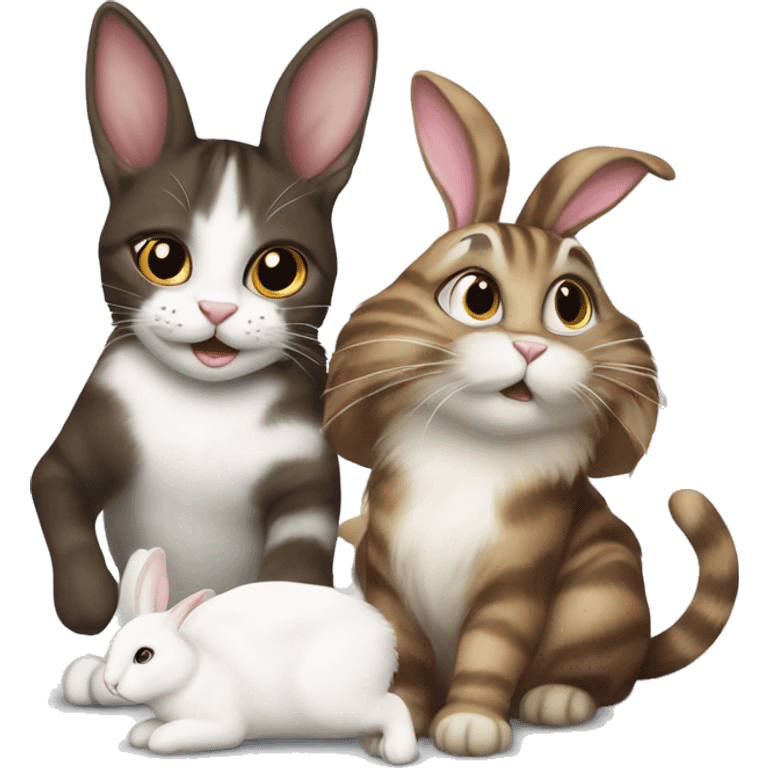 Dark brown and white Tabby Cat playing with a white bunny emoji