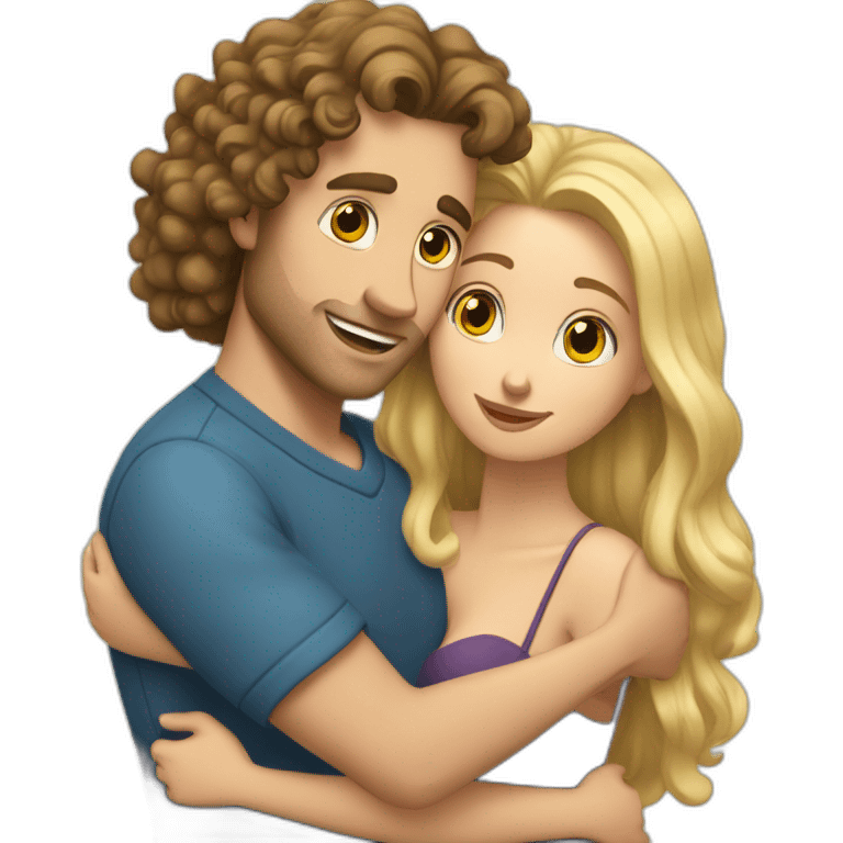 White Man with long dark curly hair hugging a blonde curvy woman emoji