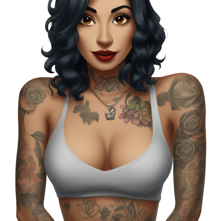 Pinupx shoulder length dark hair and tattoos .  emoji