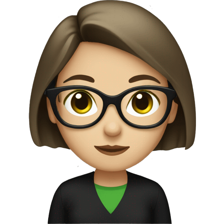 A girl with short brown hair and dark green eyes, black glasses and a black shirt emoji