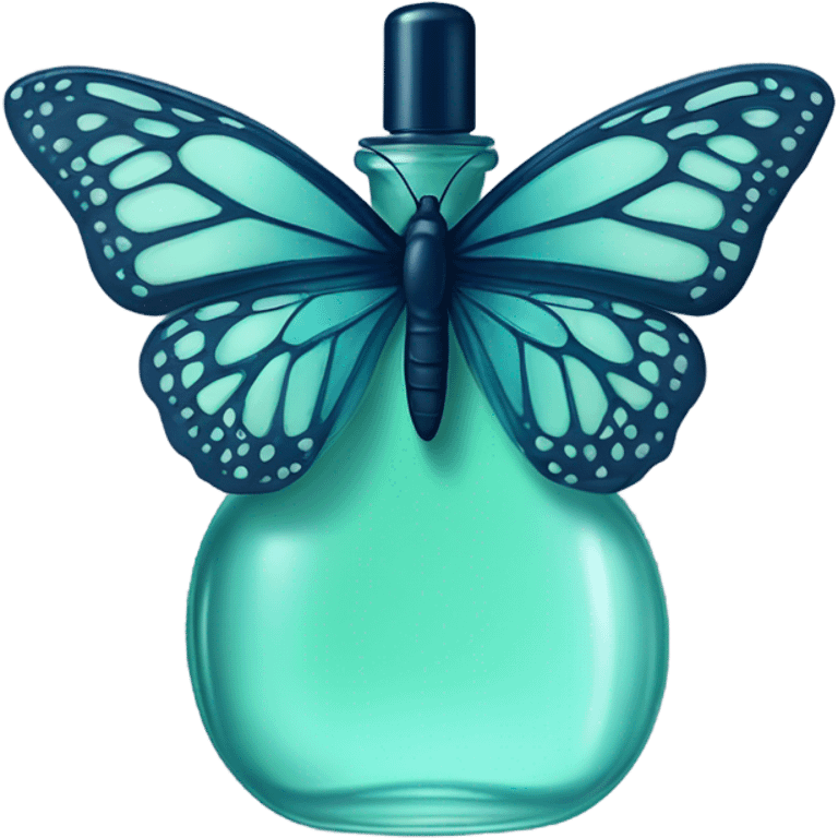  pastel green butterfly resting on an elegant blue perfume bottle with fork dark blue details. emoji