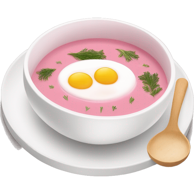 White bowl of Pink soup no face, put a hard boiled egg on top of the soup as decoration that’s cut in half, some dill,   emoji