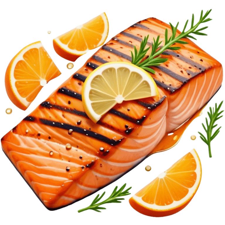 Cinematic perfectly grilled salmon, rich orange hues with crispy skin, garnished with fresh herbs, drizzled with lemon, ultra-detailed and delicious. emoji