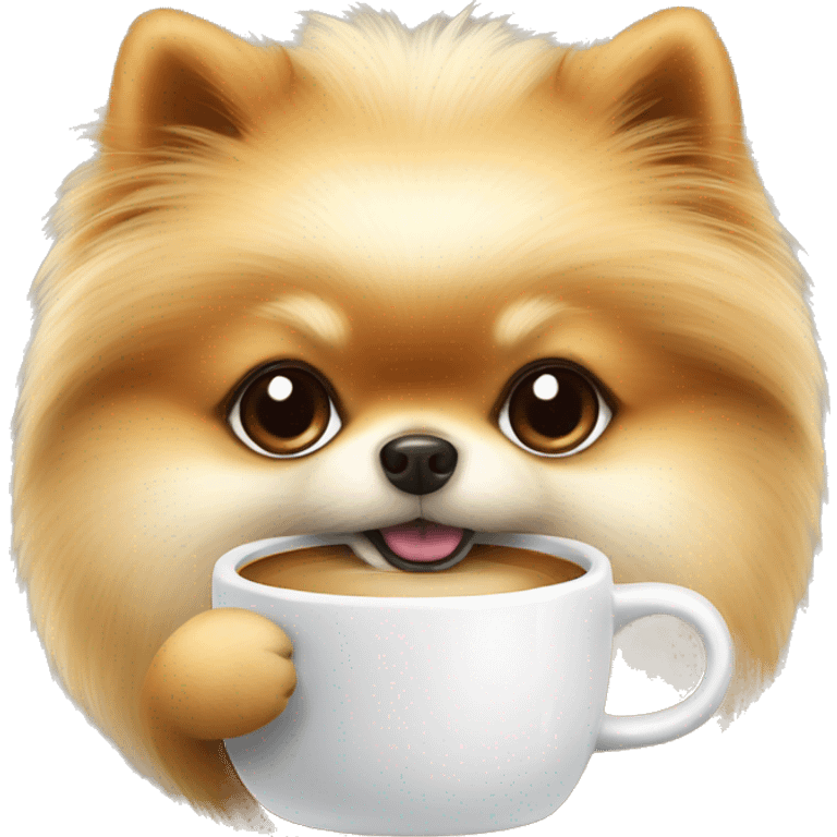 pomeranian drinking coffee in a white mug emoji