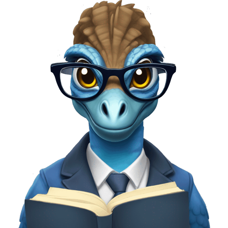 blue velociraptor with glasses reading a book emoji