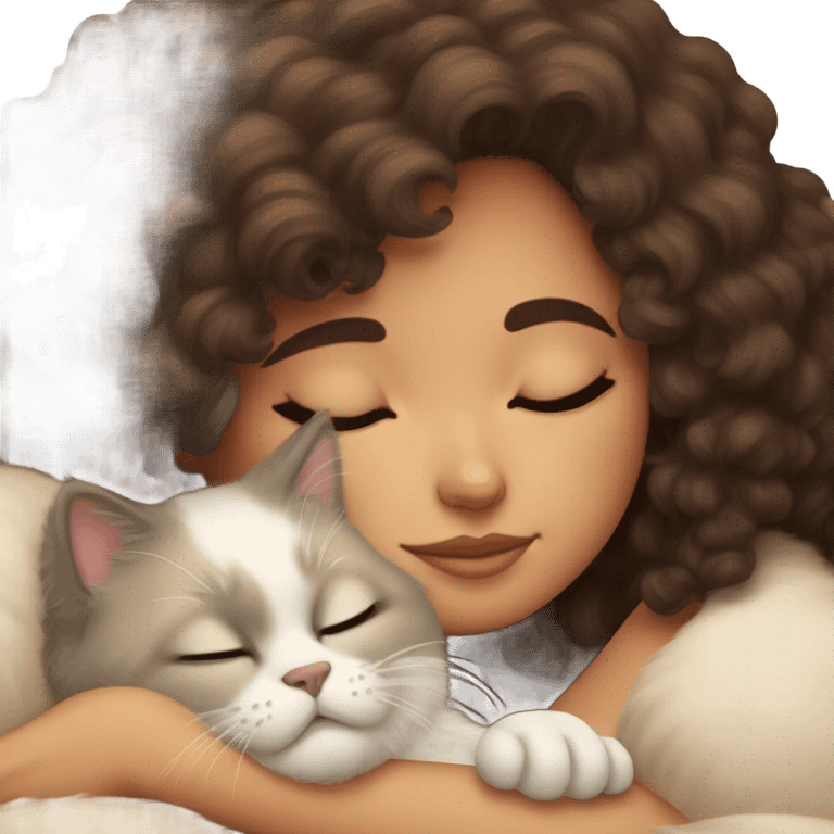 brunette 3b haired beige girl sleeping with her himalayan cat  emoji