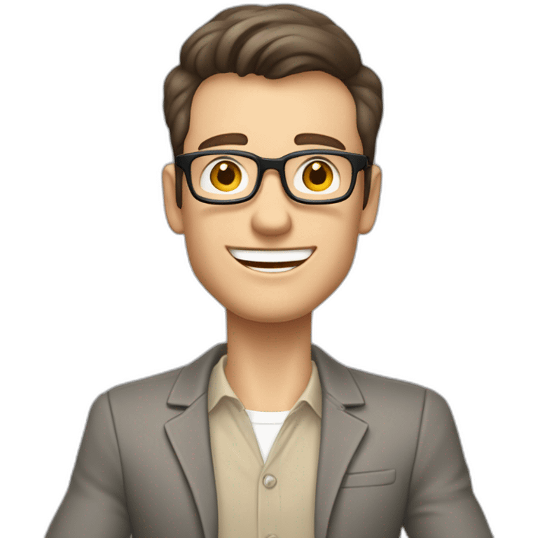 Joyful Celebrating victory Hands up Pale skinned Fit Man With dark brown hair in gray jacket, beige office shirt, Brown pants and vintage glasses sitting In a soft chair emoji