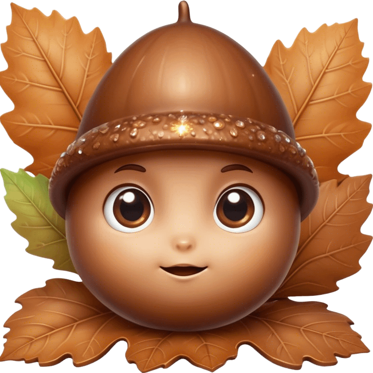 Cinematic tiny happy acorn, glossy brown, soft glowing highlights, tiny adorable face with big sparkly eyes, sitting on a pastel leaf, warm and cheerful. emoji