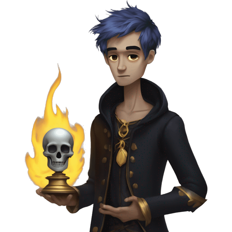 Hamlet young skinny sad man iridescent hair wearing raven feathers with a gilded hourglass and golden flames holding a skull emoji