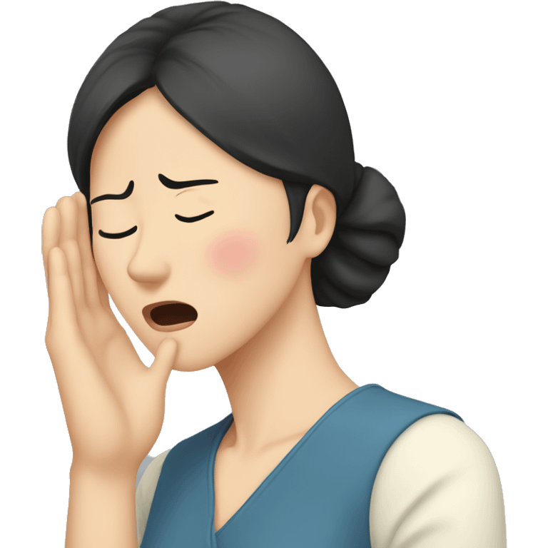 Headache, middle-aged Korean woman in her 40s, with only one hand on her head, painful face, black hair emoji