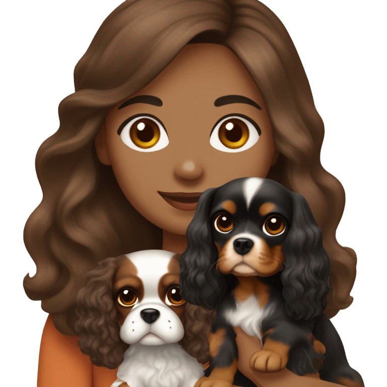 Light skin, dark brown long wavy hair girl, holding a cute cavalier King Charles spaniel dog with short ears wavy fur emoji