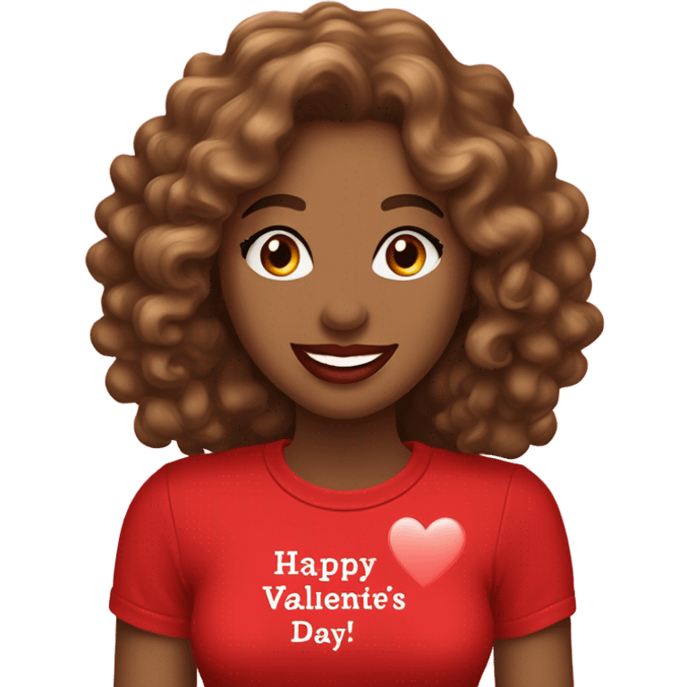 Light brown lady smiling, medium brown long curly hair, bright red lips, eyelashes, wearing red “happy Valentine’s Day” t shirt emoji