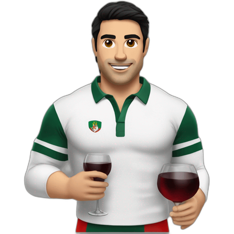 portuguese caucasian rugby player black hair with wine emoji