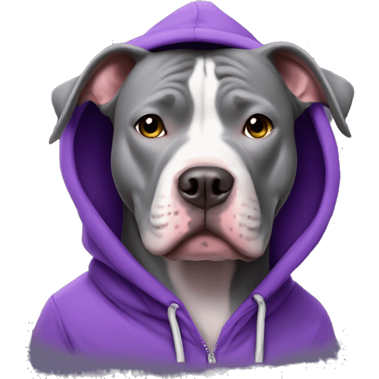 Grey pitbull dog wearing a purple hoodie emoji