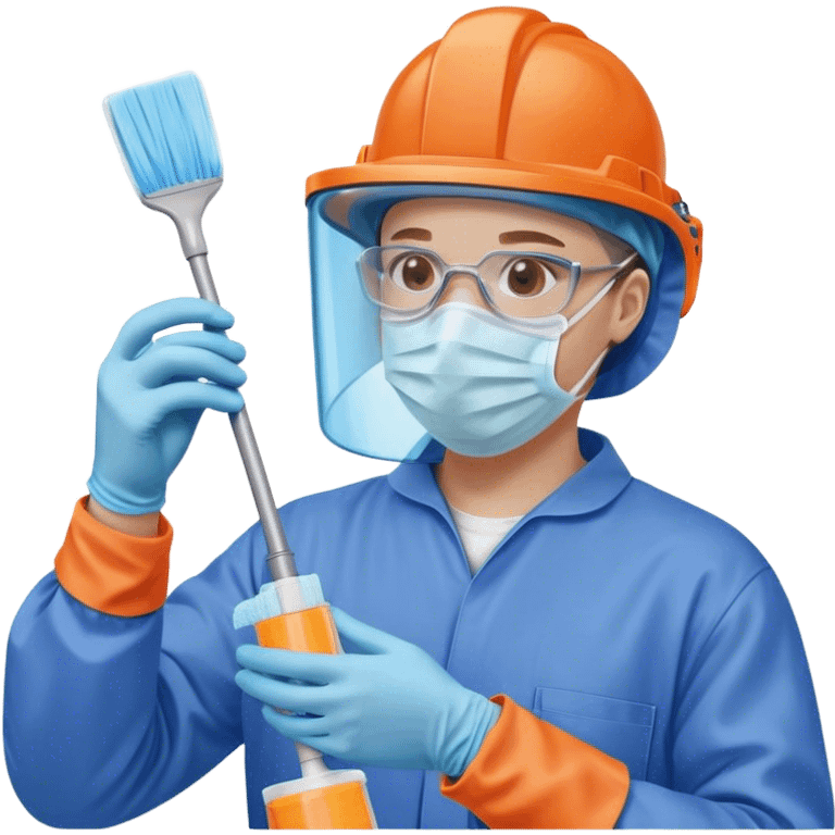 A meticulous cleanroom worker dressed in full protective gear, including a blue sterile suit, a face mask,  and orange gloves.  cleaning glasses with a wipe in one Hand emoji