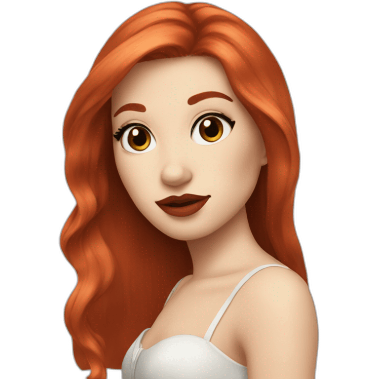 straight long red hair,red lipstick,black eyes, white skin and a small nose emoji