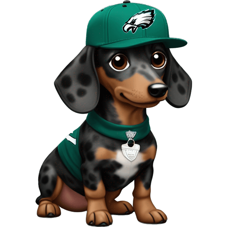 Miniature Tri Merle Dark Spotted Dachshund wearing Philadelphia Eagles Hat with C on Jersey emoji