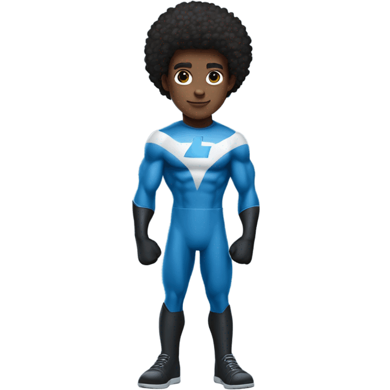 A full body Muscular Afro teenage boy standing in a Blue Mr. Fantastic superhero costume with a backward number 4 on the chest. emoji