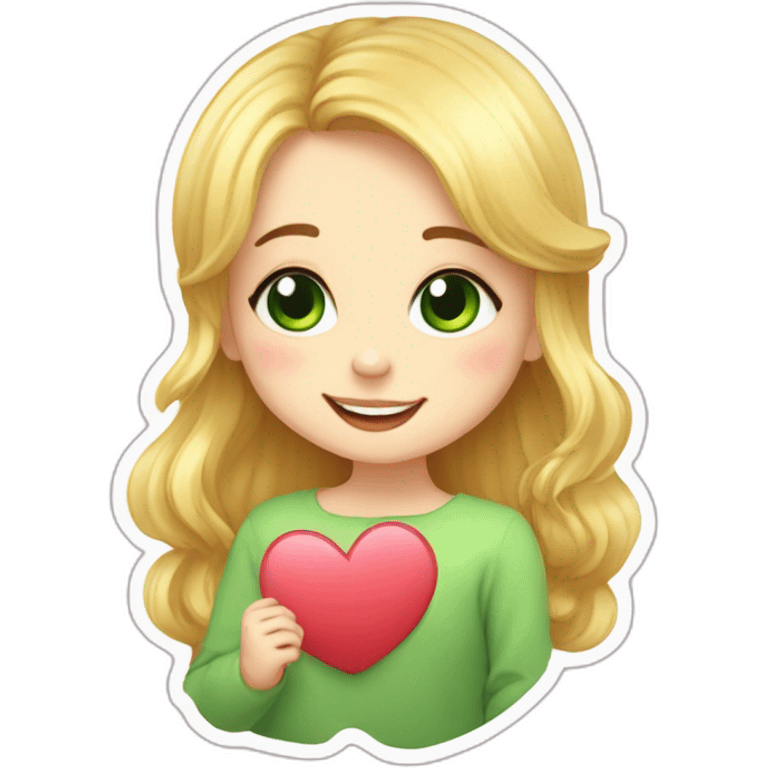 holding a heart in her hands, drawing of a little blonde girl with green eyes, smiling sweetly, sticker for telegram, cutie, cute illustration, with hyperdetals, cute art emoji