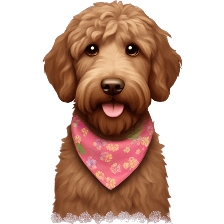 Brown labradoodle with a flower bandana emoji