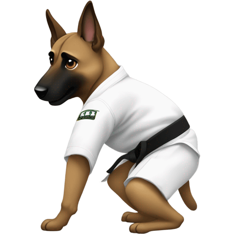 Aggressive Malinois wearing white jiujitsu gi with a black belt emoji