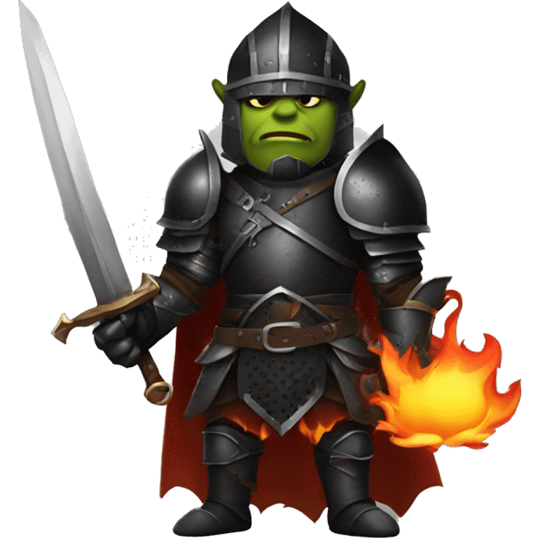 Orc black knight with night armor, sword with flames, Halloween theme, emoji emoji