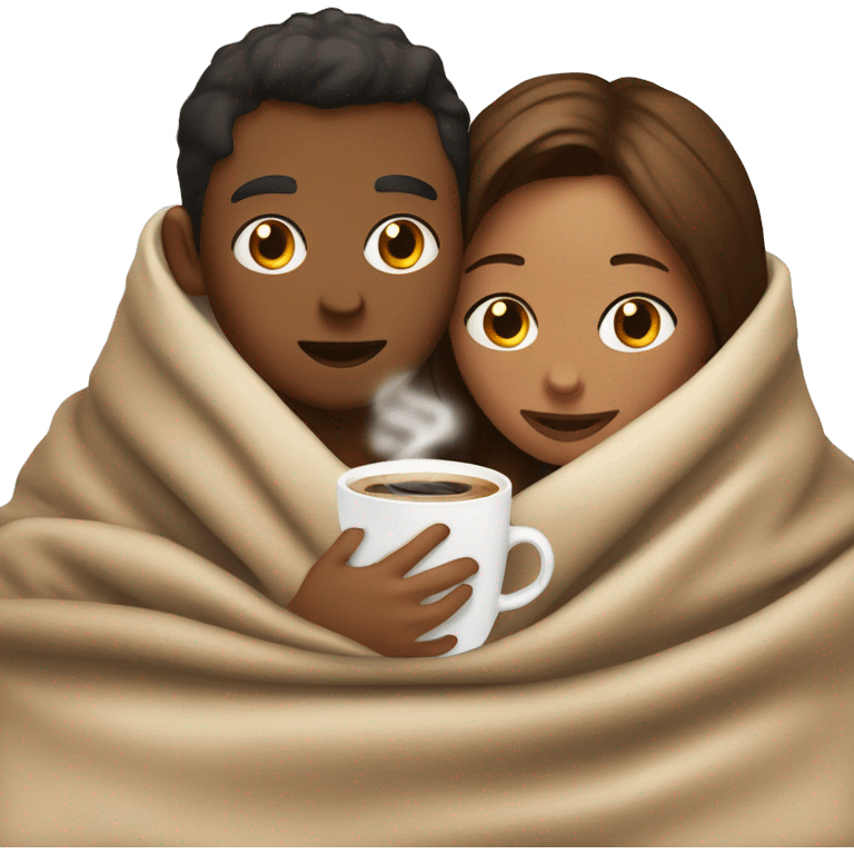 TAN SKIN GIRL AND BROWN SKIN BOY inside a blanket sipping coffee emoji