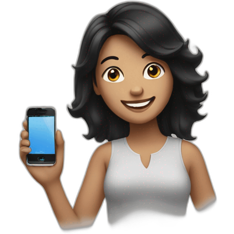 happy woman with black hair holding a iphone emoji