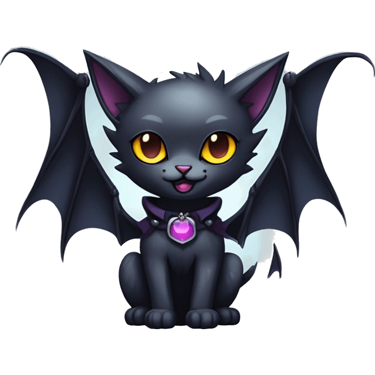  cool edgy kawaii ethereal dark-punk-themed animal vampiric cat-hybrid Fakemon with fangs and bat-wing-ears with a collar full body emoji