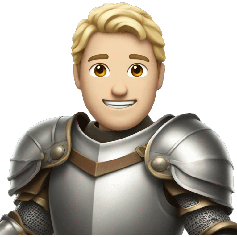 a smiling white person knight with full armor, holding a sword, half body emoji