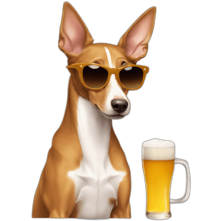 brown podenco with sunglasses taking a beer emoji