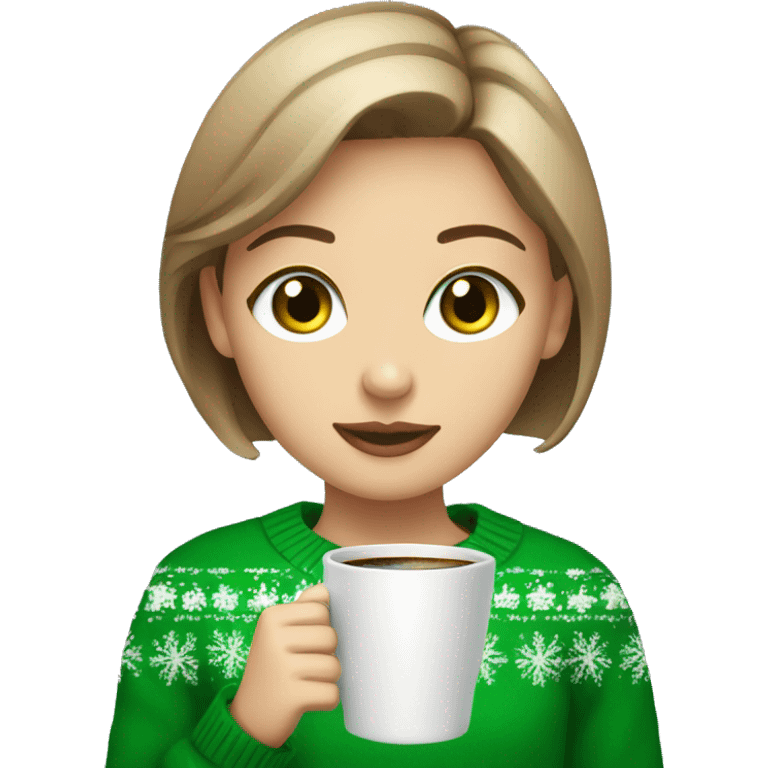 Light brown short haired girl with green eyes drinking coffee wearing Christmas sweater emoji