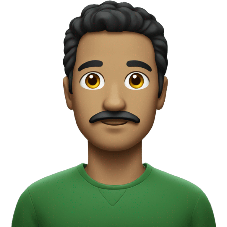 man in dark green sweatshirt and black moustache, black hair emoji