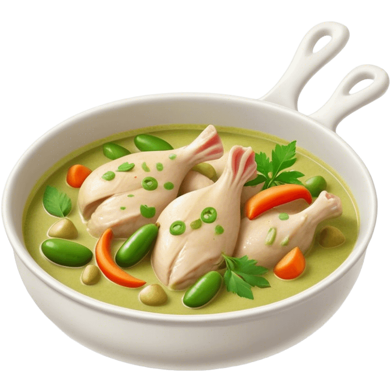 Cinematic Realistic Green Chicken Curry Dish Emoji, depicted with tender chicken simmered in a fragrant green curry sauce with vegetables rendered with rich textures and dynamic, vibrant lighting. emoji