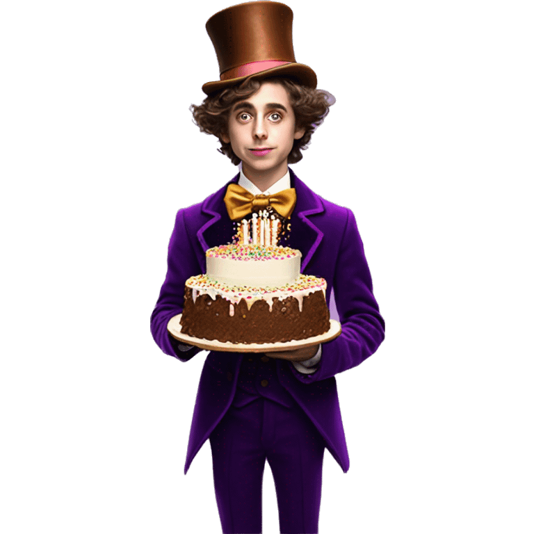 timothee chalamet as willy wonka carrying an extravagant birthday cake with a lot of layers and candels emoji