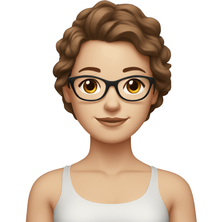 White girl with wavy brown hair, brown eyes and black glasses doing yoga emoji